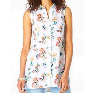 J. Jill Love Linen White Floral Button Front Long Sleeveless Vest Shirt Spring